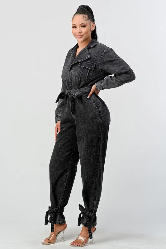 Doja Denim Black Wash Front Tie Jumpsuit