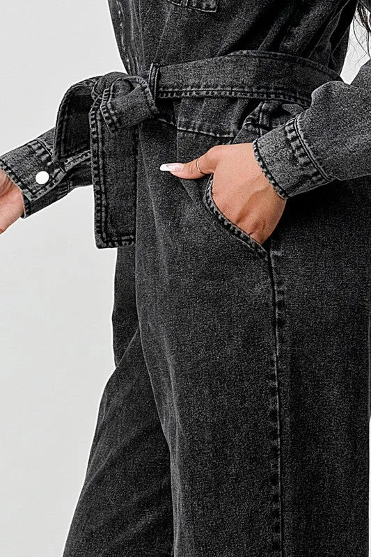 Doja Denim Black Wash Front Tie Jumpsuit