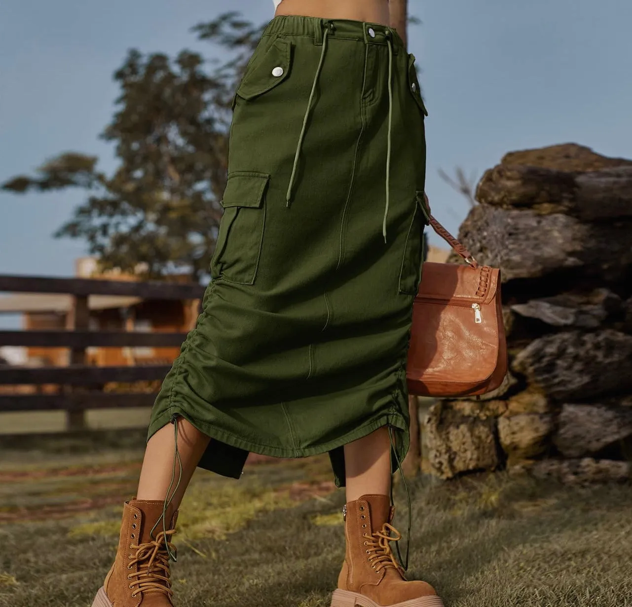 Drawstring Denim Cargo Skirt Casual Midi Skirt