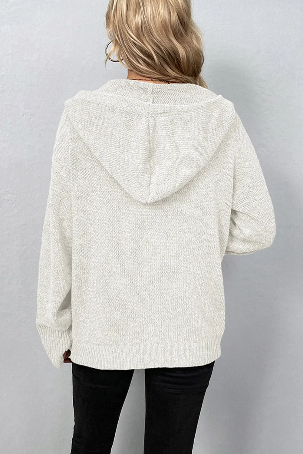 Drawstring Hooded Button Up Drop Shoulder Sweater Cardigan