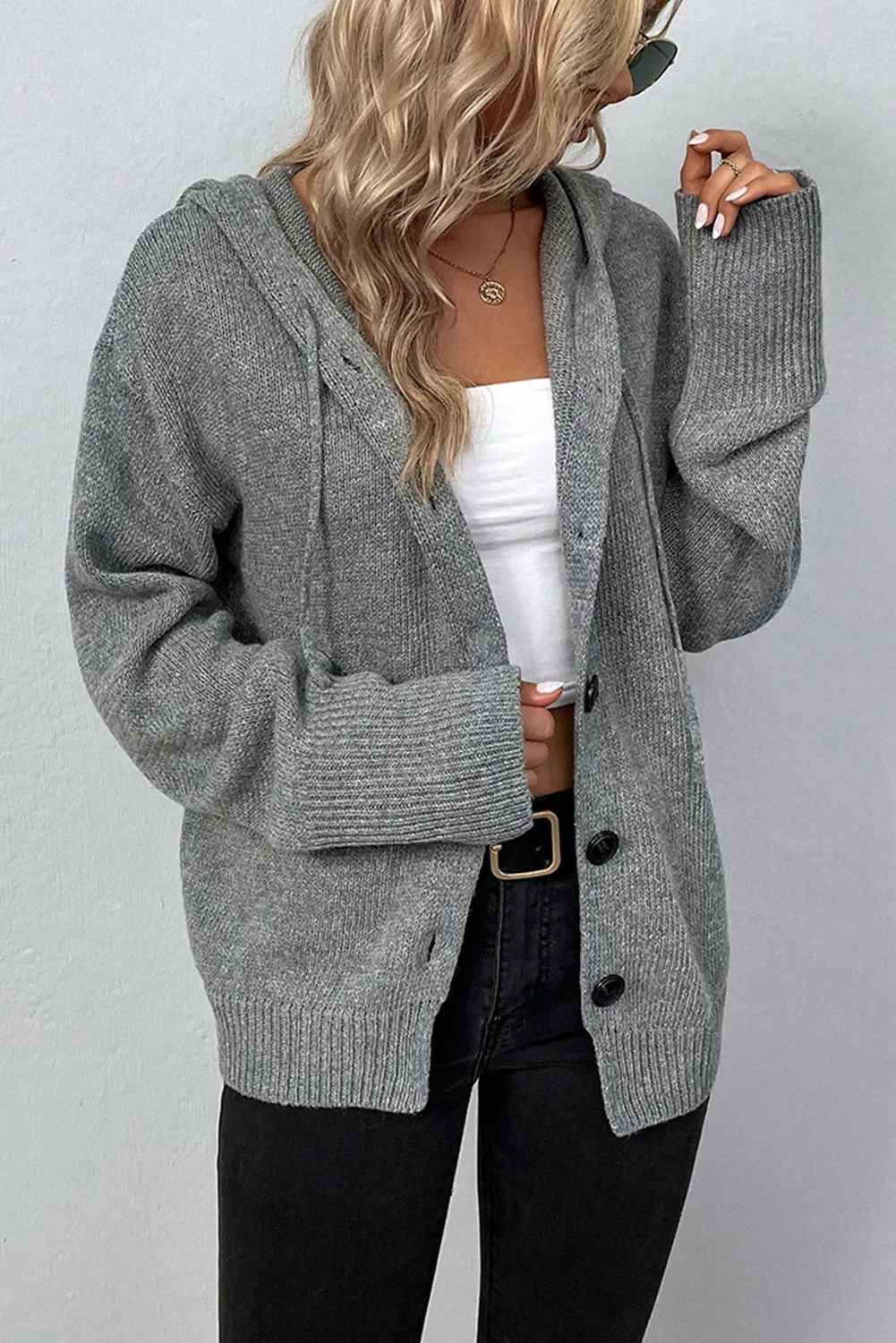 Drawstring Hooded Button Up Drop Shoulder Sweater Cardigan