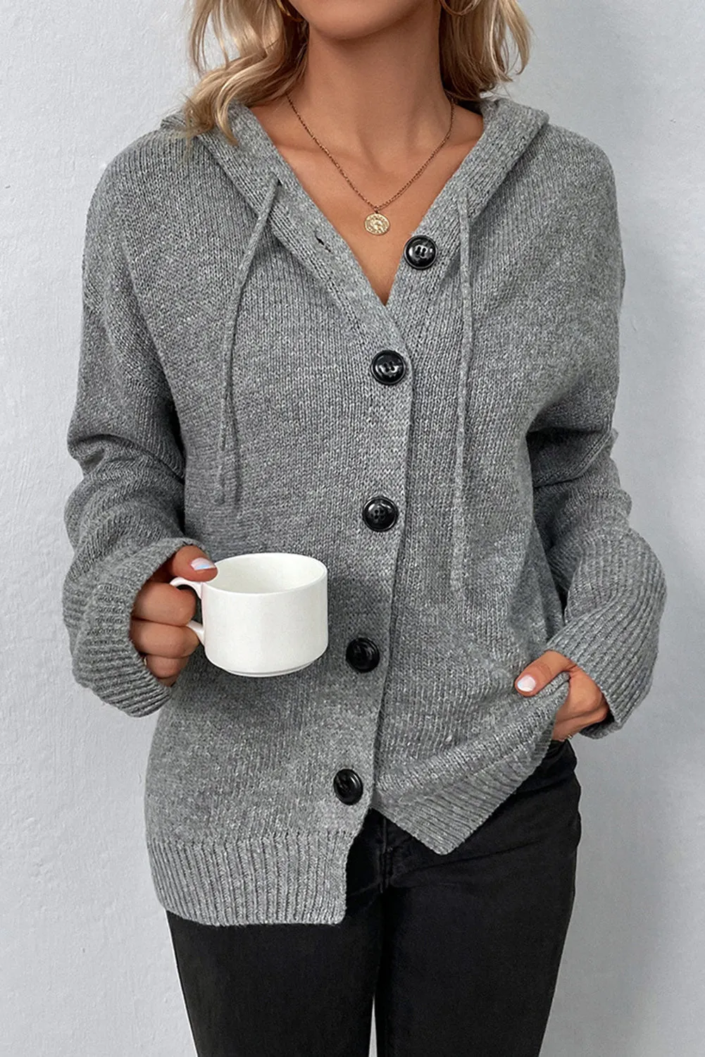 Drawstring Hooded Button Up Drop Shoulder Sweater Cardigan