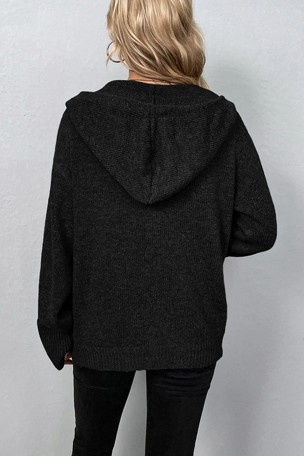 Drawstring Hooded Button Up Drop Shoulder Sweater Cardigan