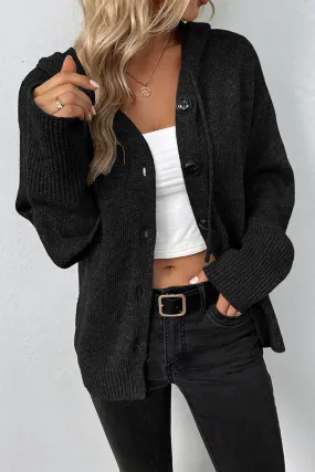 Drawstring Hooded Button Up Drop Shoulder Sweater Cardigan