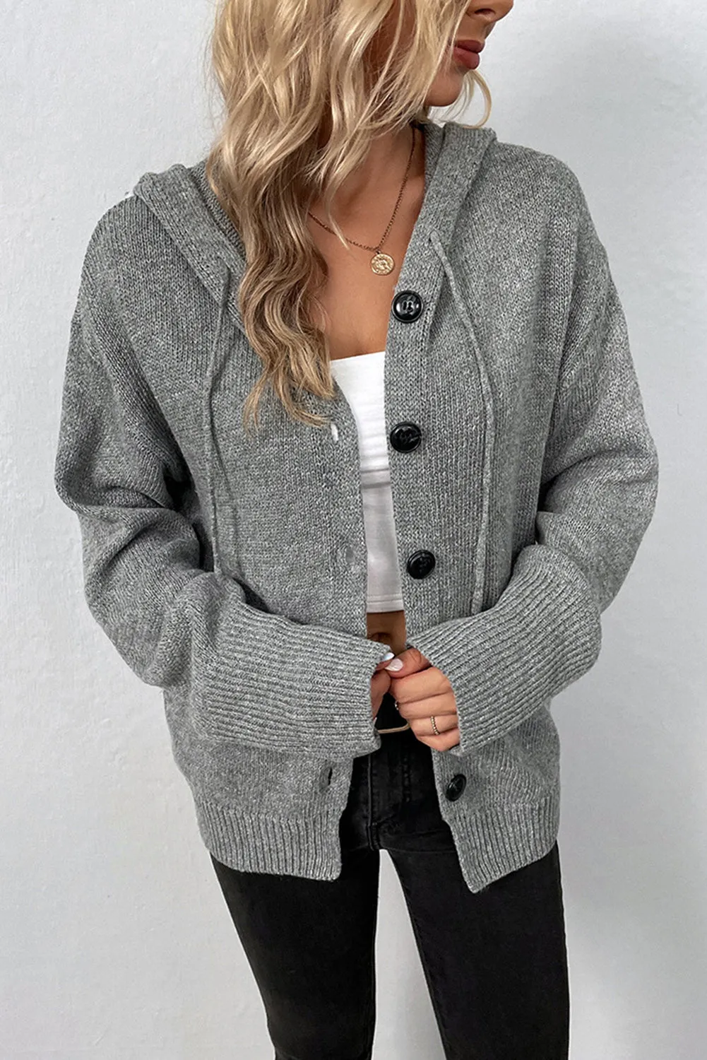 Drawstring Hooded Button Up Drop Shoulder Sweater Cardigan
