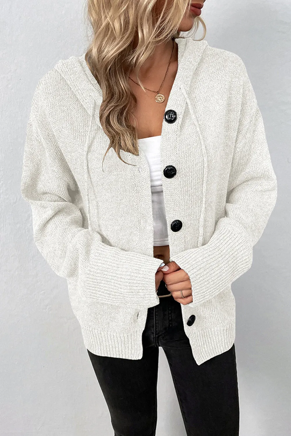 Drawstring Hooded Button Up Drop Shoulder Sweater Cardigan