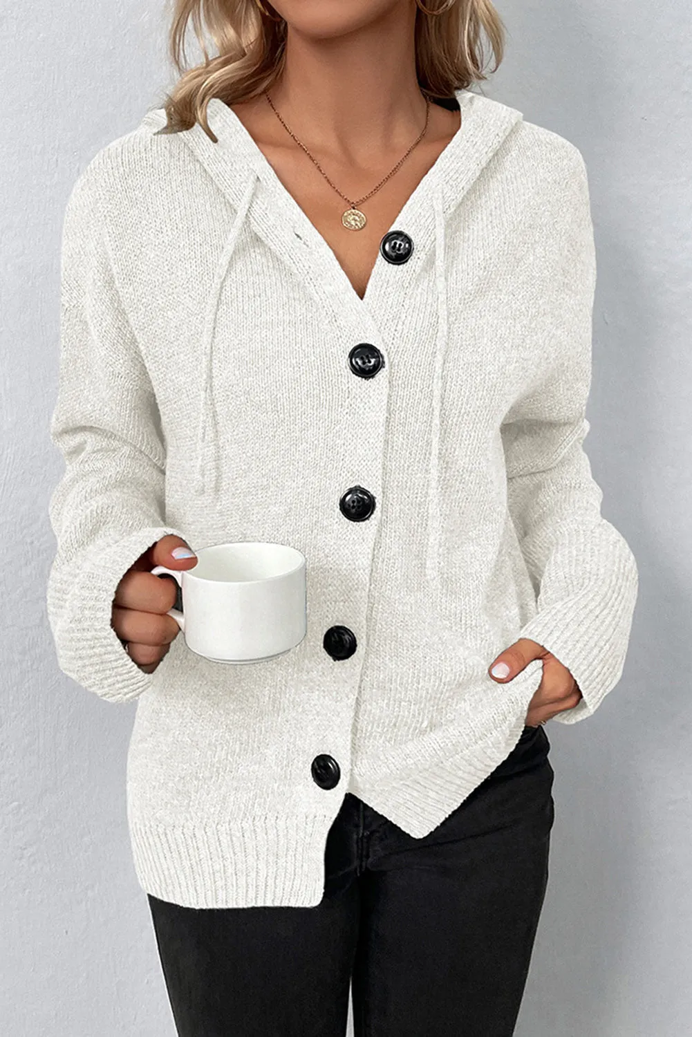 Drawstring Hooded Button Up Drop Shoulder Sweater Cardigan