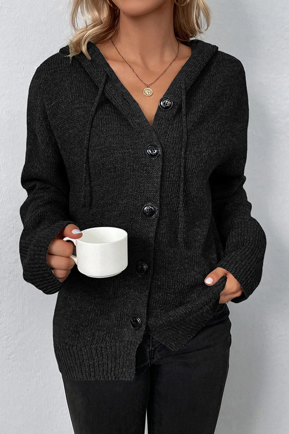 Drawstring Hooded Button Up Drop Shoulder Sweater Cardigan