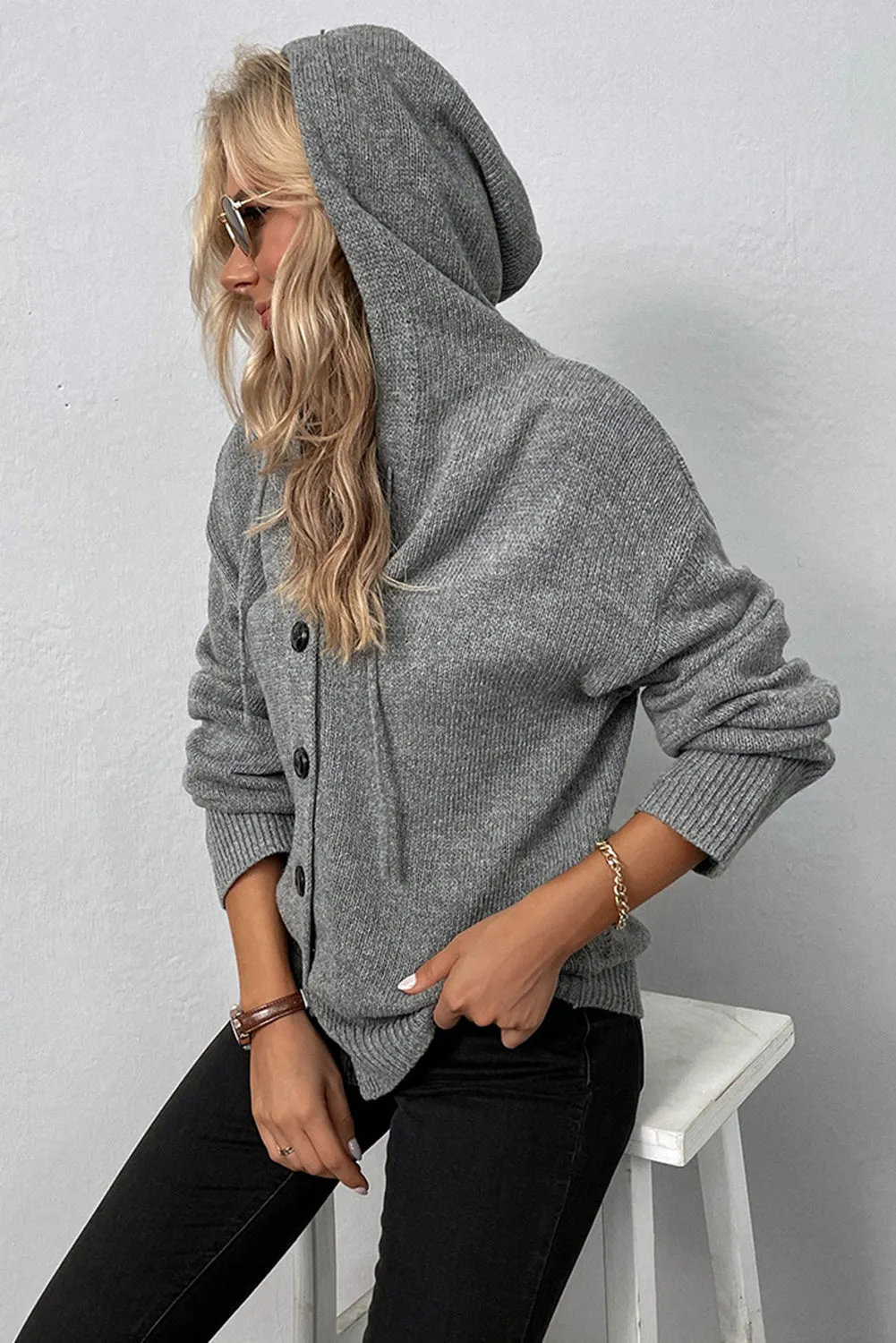 Drawstring Hooded Button Up Drop Shoulder Sweater Cardigan