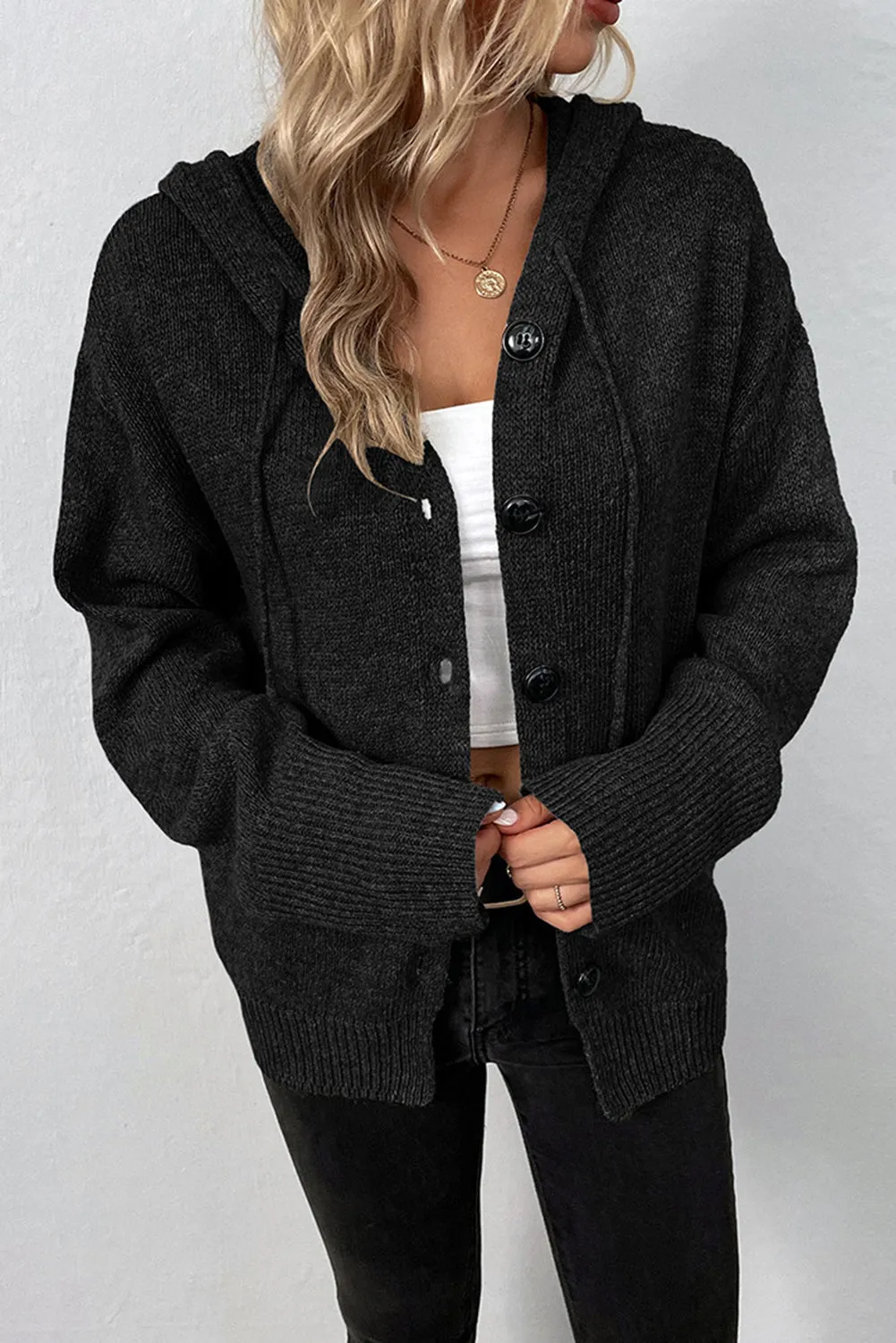Drawstring Hooded Button Up Drop Shoulder Sweater Cardigan