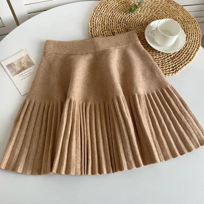 Elastic Waist Plain Accordion Pleated Mini A-Line Knit Skirt