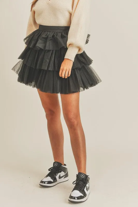 Elegant Black Layered Ruffle Tulle Mini Skirt