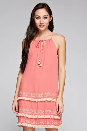 Embroidered Tiered Fringe Mini Dress