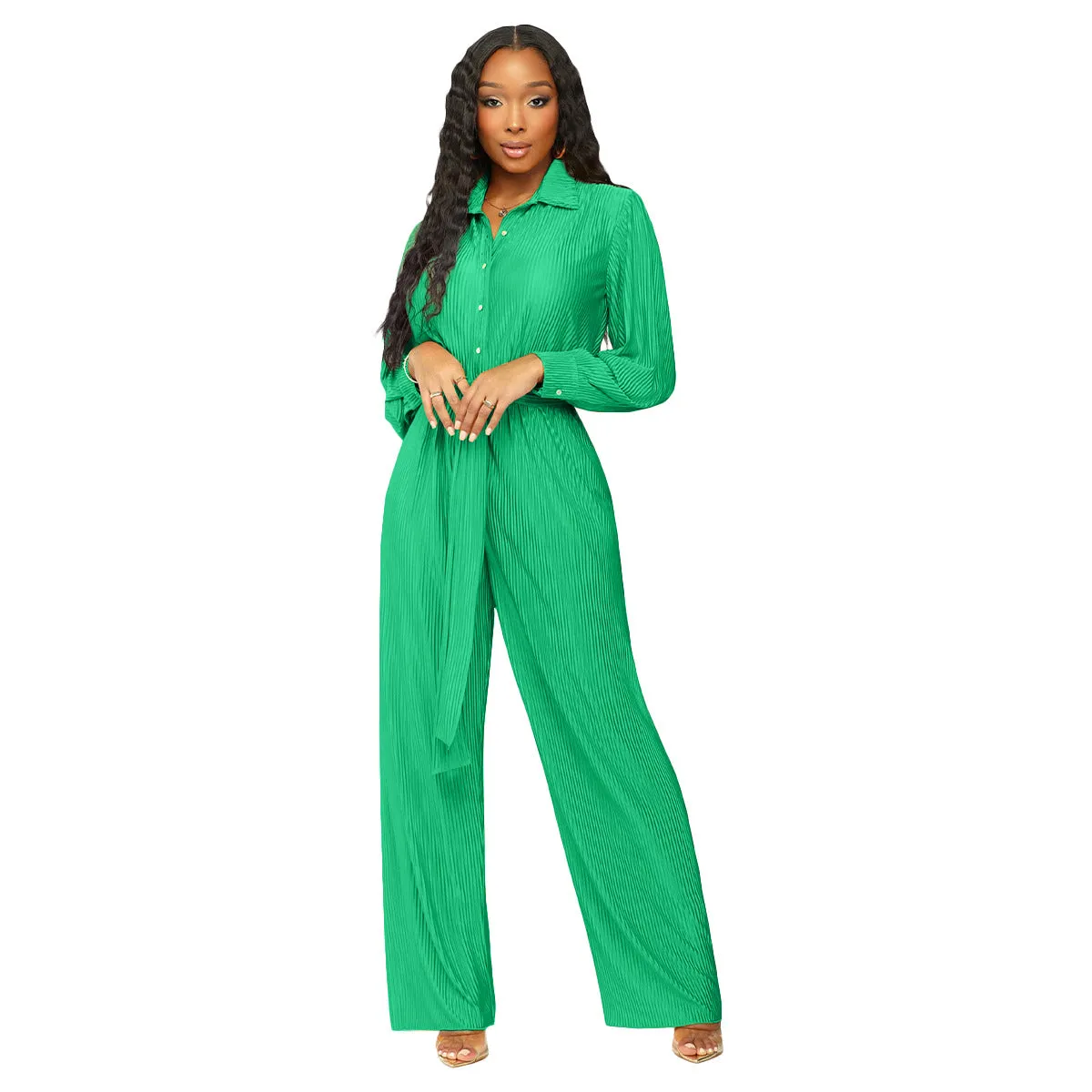 F5204 Long Sleeve Wide Leg Jumpsuit Containing Belt