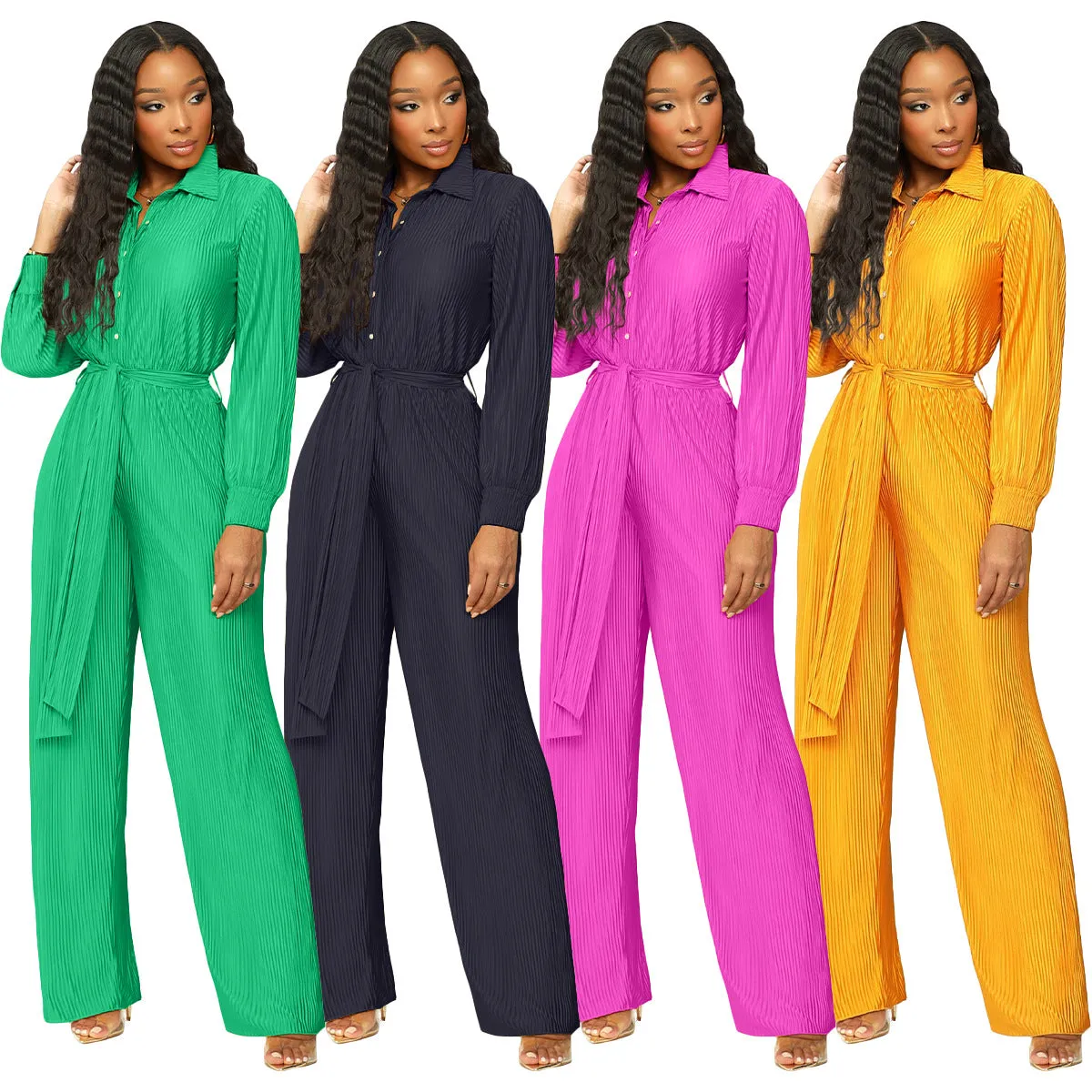 F5204 Long Sleeve Wide Leg Jumpsuit Containing Belt