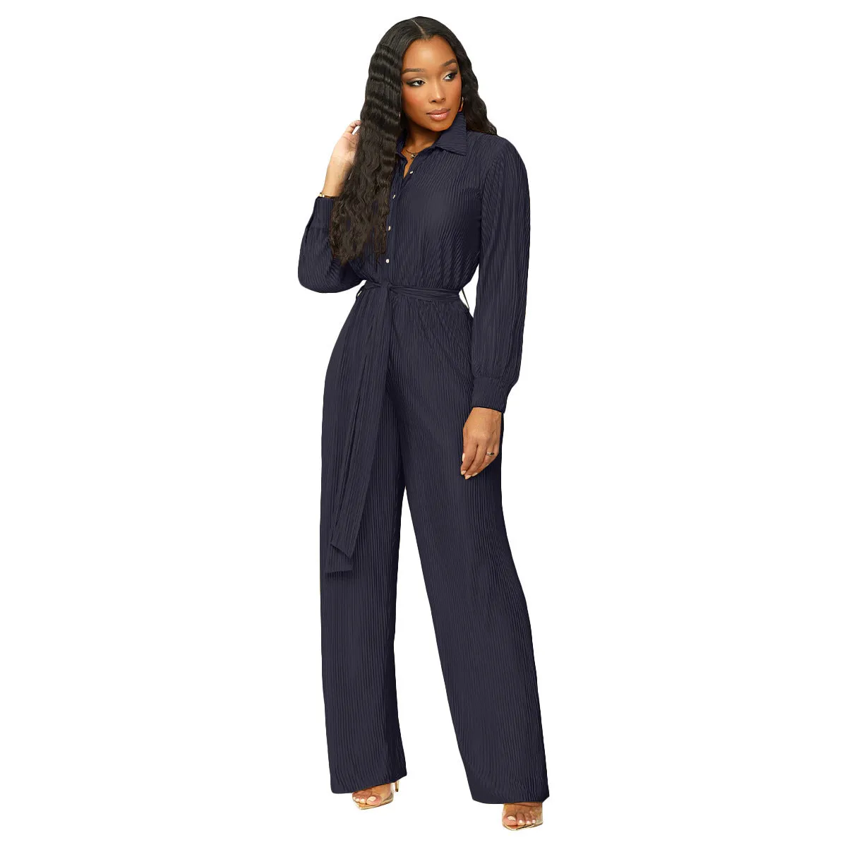 F5204 Long Sleeve Wide Leg Jumpsuit Containing Belt