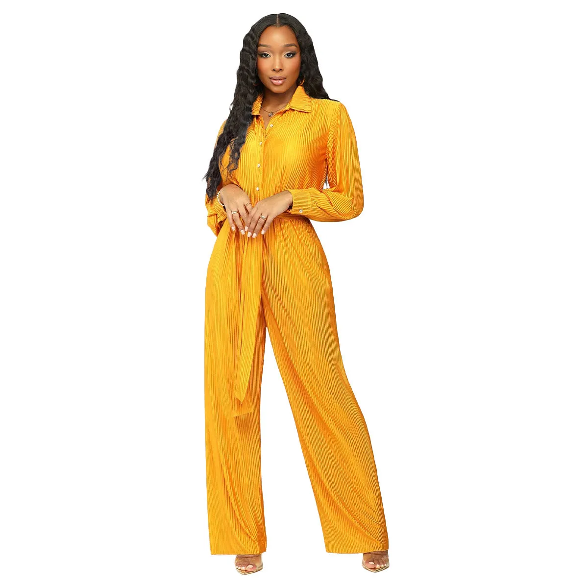 F5204 Long Sleeve Wide Leg Jumpsuit Containing Belt