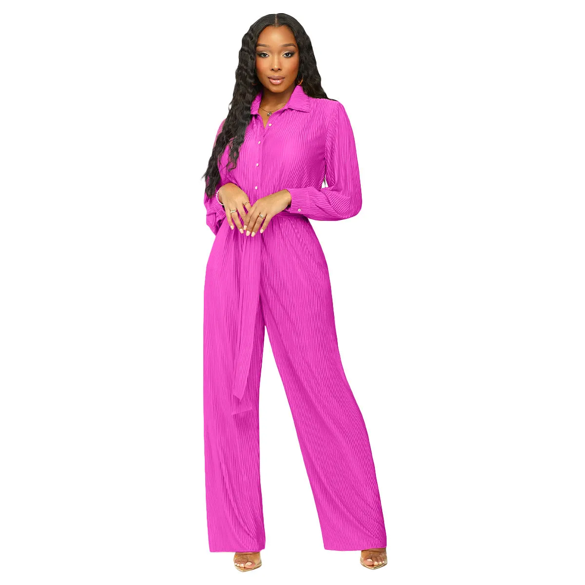 F5204 Long Sleeve Wide Leg Jumpsuit Containing Belt