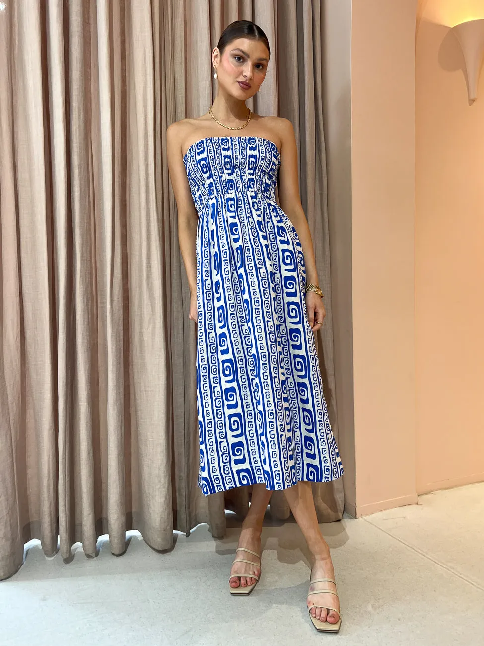 Faithfull the Brand Musee Midi Dress in Island Print Pacific Blue