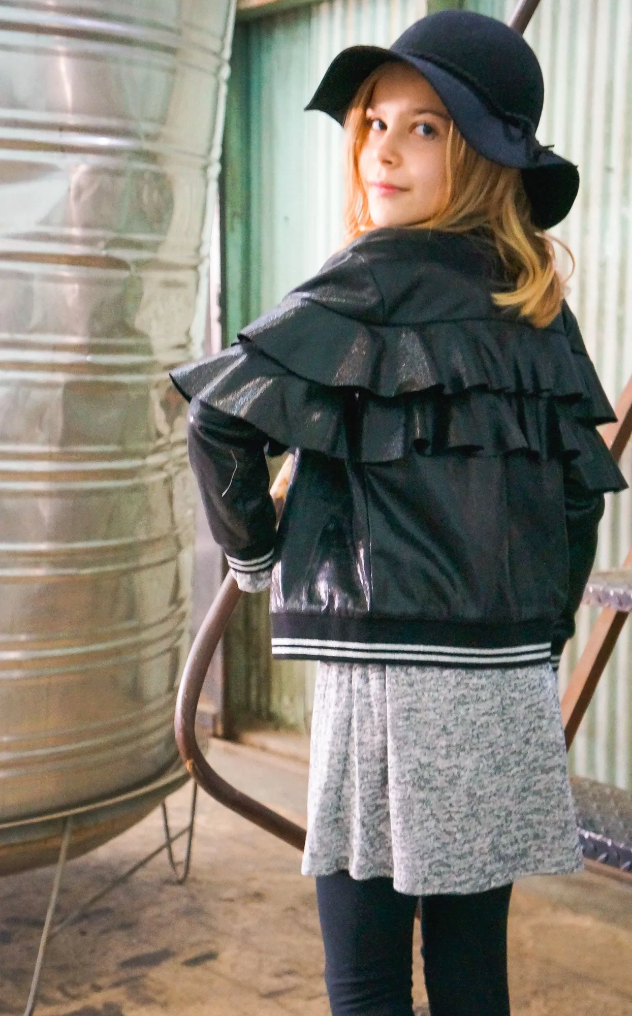 Faux Leather Ruffle Bomber Jacket(R35165)