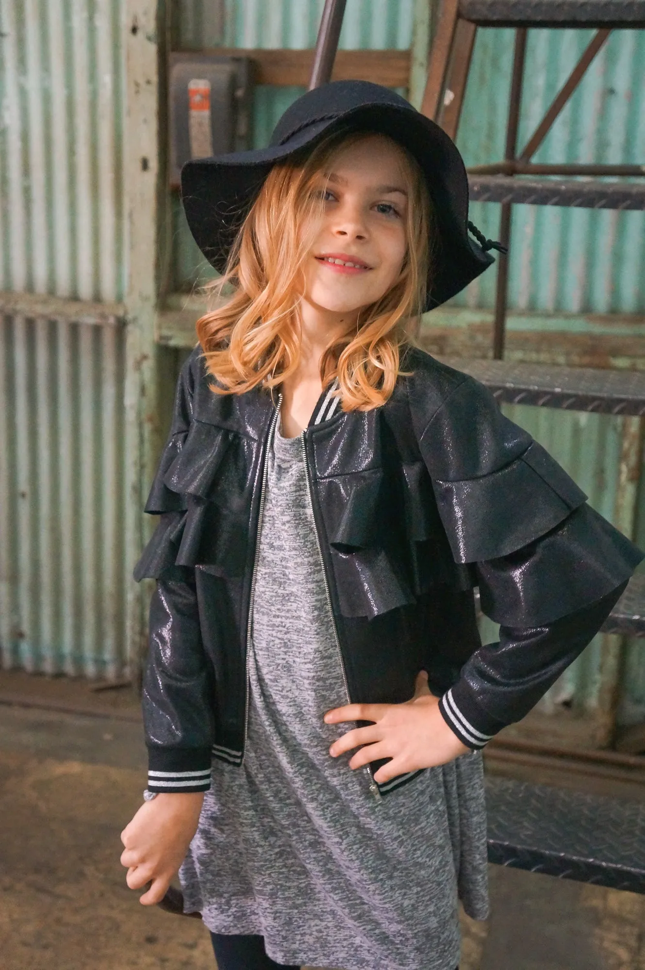 Faux Leather Ruffle Bomber Jacket(R35165)