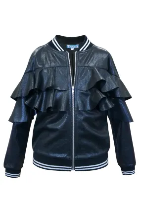Faux Leather Ruffle Bomber Jacket(R35165)