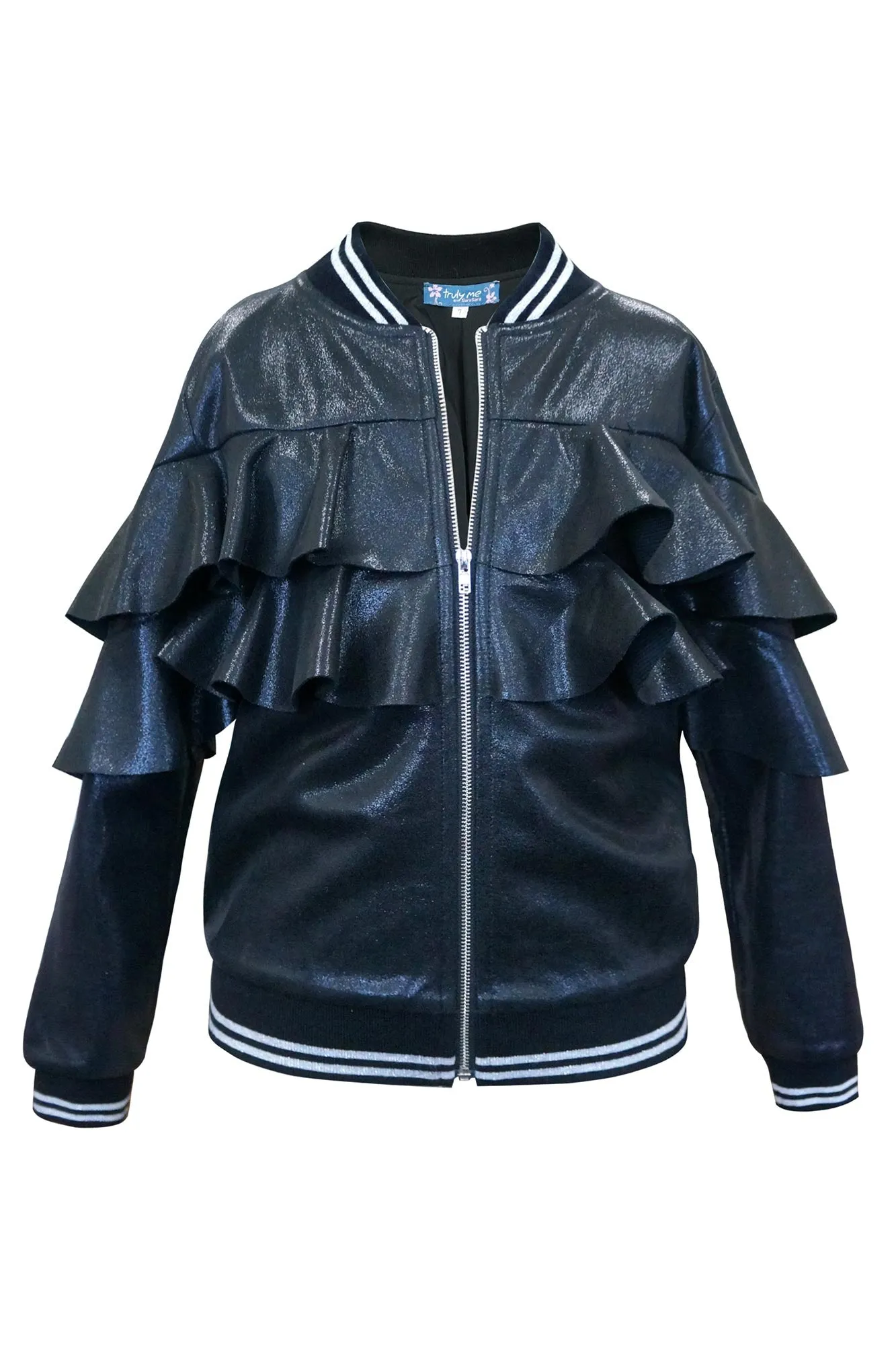 Faux Leather Ruffle Bomber Jacket(R35165)