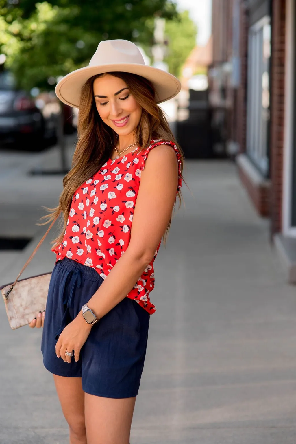 Floating Floral Ruffle Accent V Tank