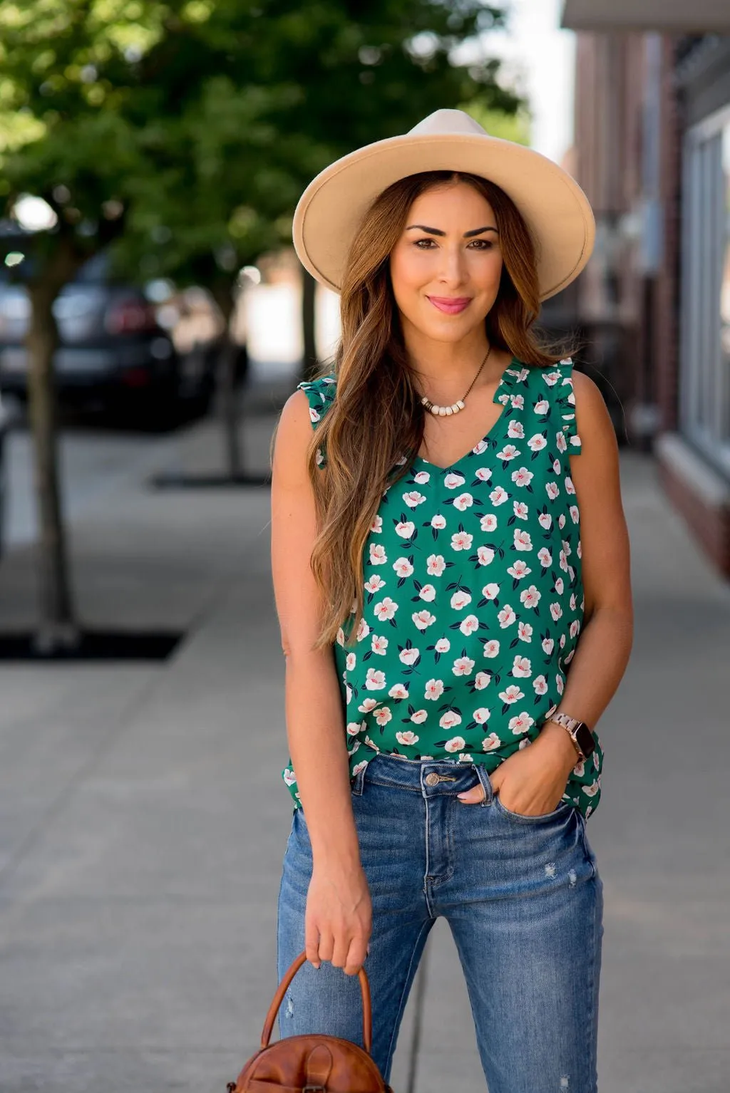 Floating Floral Ruffle Accent V Tank