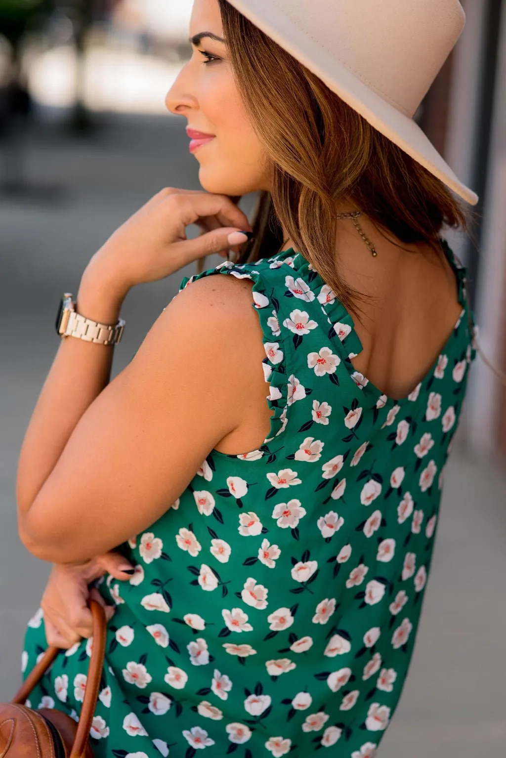 Floating Floral Ruffle Accent V Tank