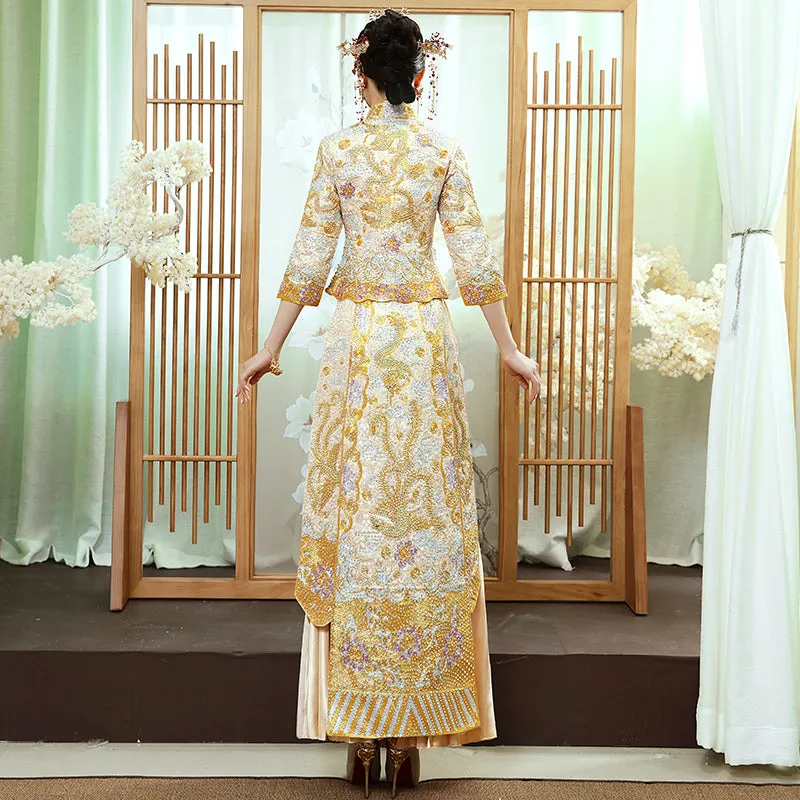 Floral Embroidery & Sequins Pleated Skirt Traditional Chinese Wedding Suit