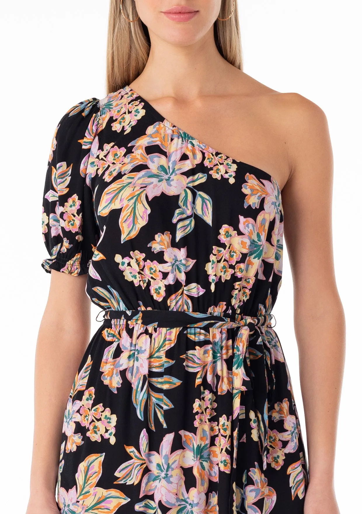 Floral One Shoulder Puff Sleeve Maxi Dress