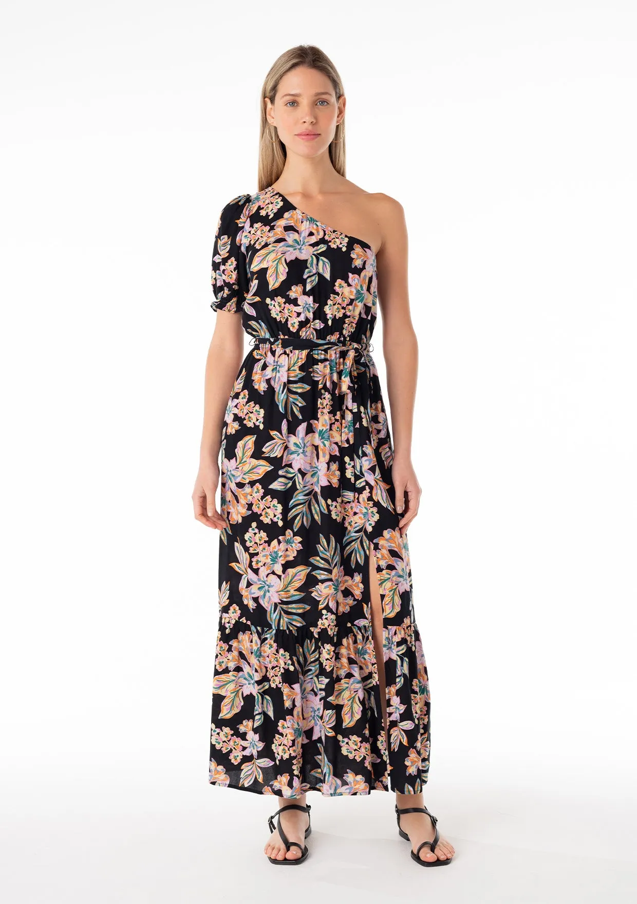 Floral One Shoulder Puff Sleeve Maxi Dress