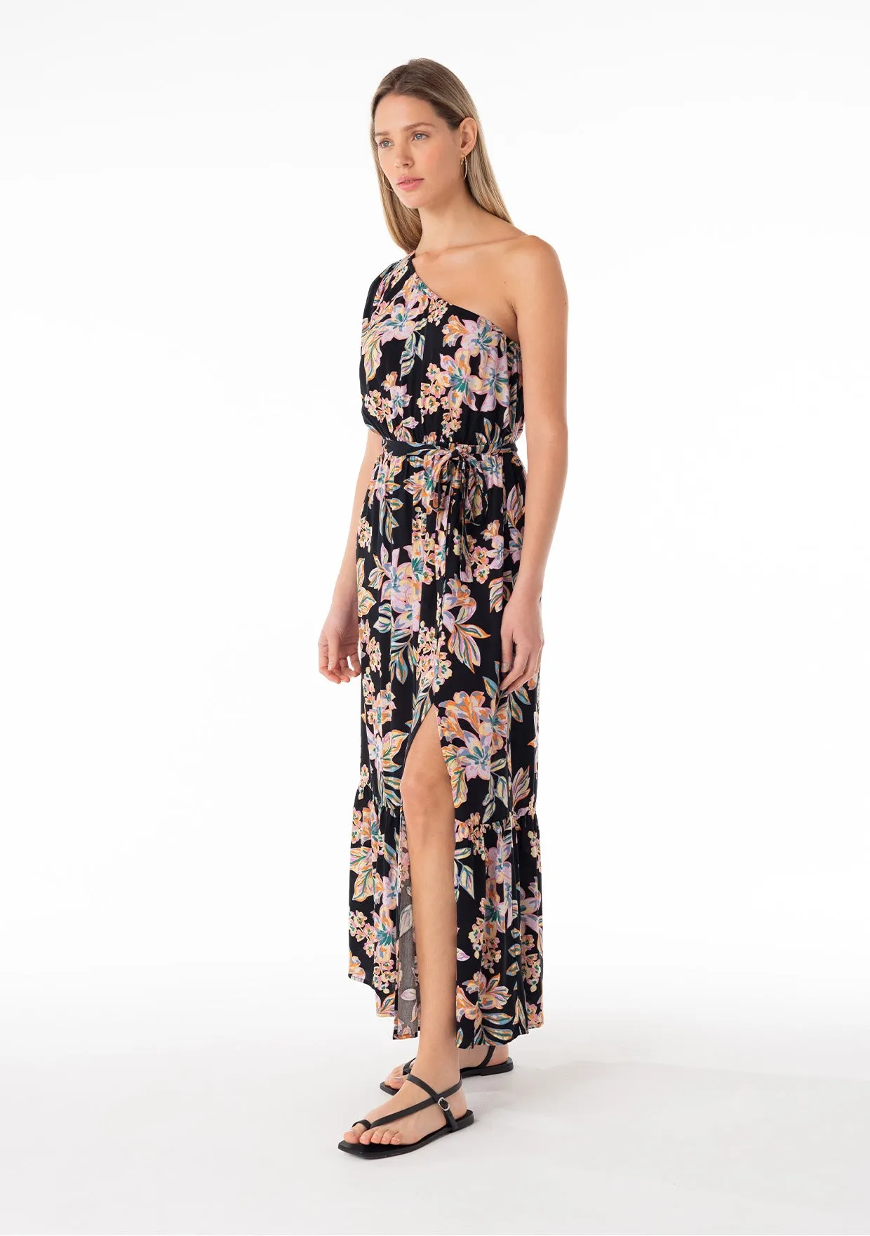 Floral One Shoulder Puff Sleeve Maxi Dress