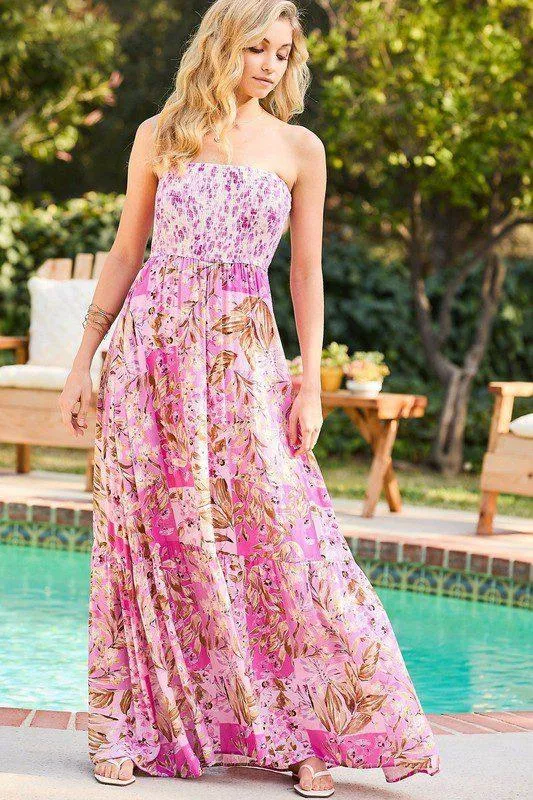 Floral Smocking Tube Top Maxi Dress