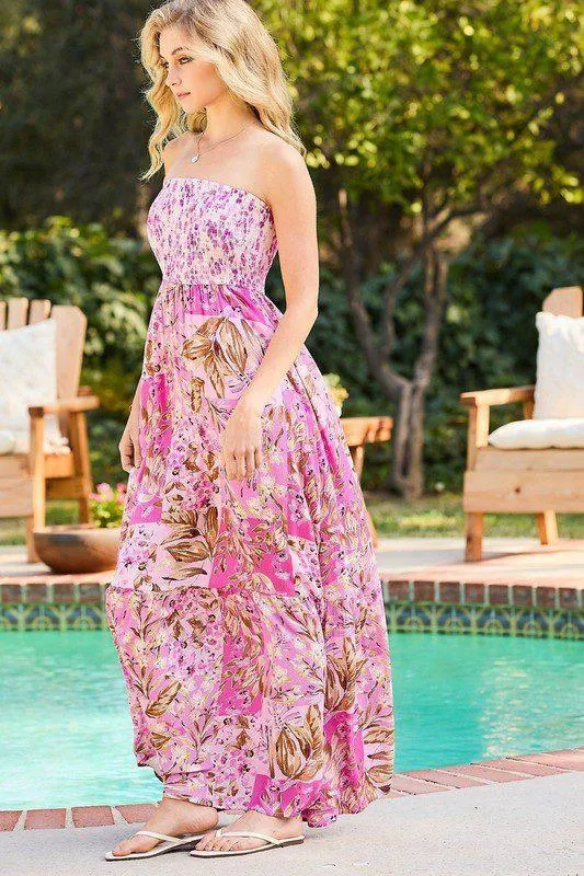 Floral Smocking Tube Top Maxi Dress