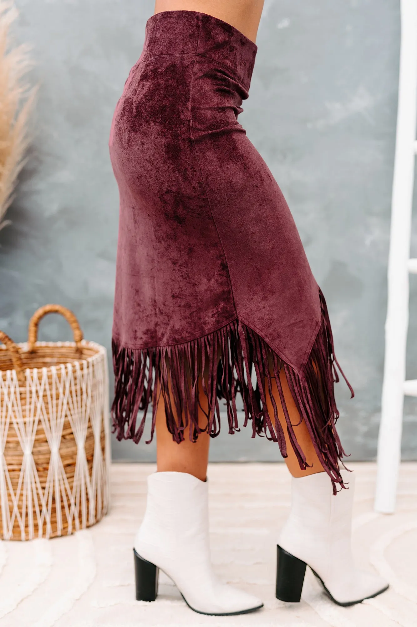 Freedom & Fringe Faux Suede Fringe Midi Skirt (Wine)