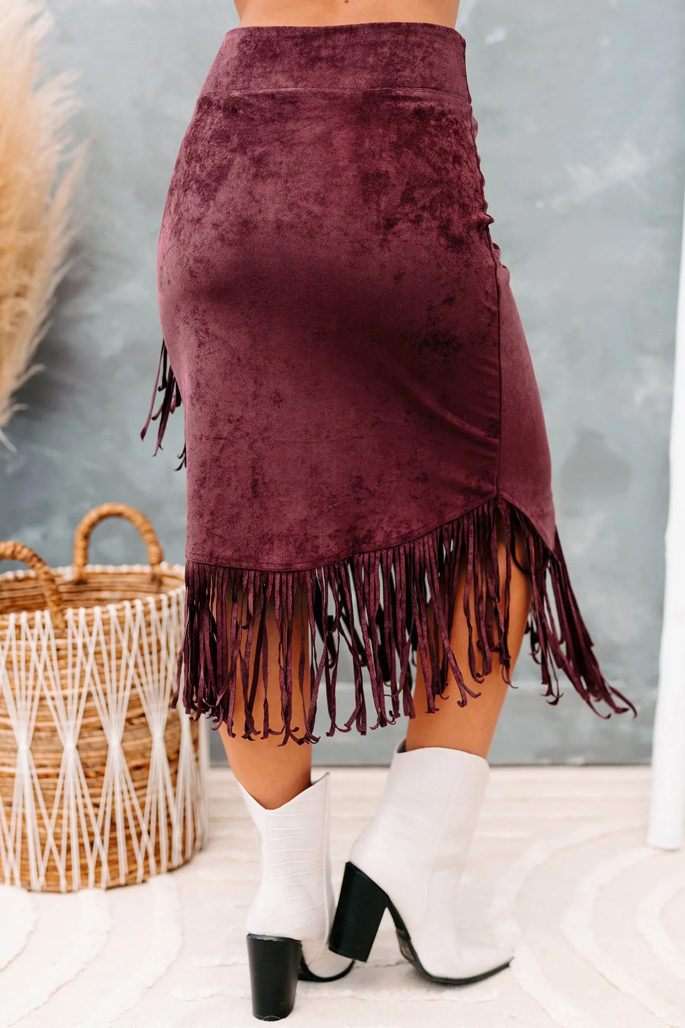 Freedom & Fringe Faux Suede Fringe Midi Skirt (Wine)