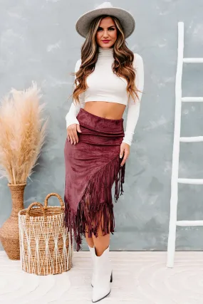 Freedom & Fringe Faux Suede Fringe Midi Skirt (Wine)