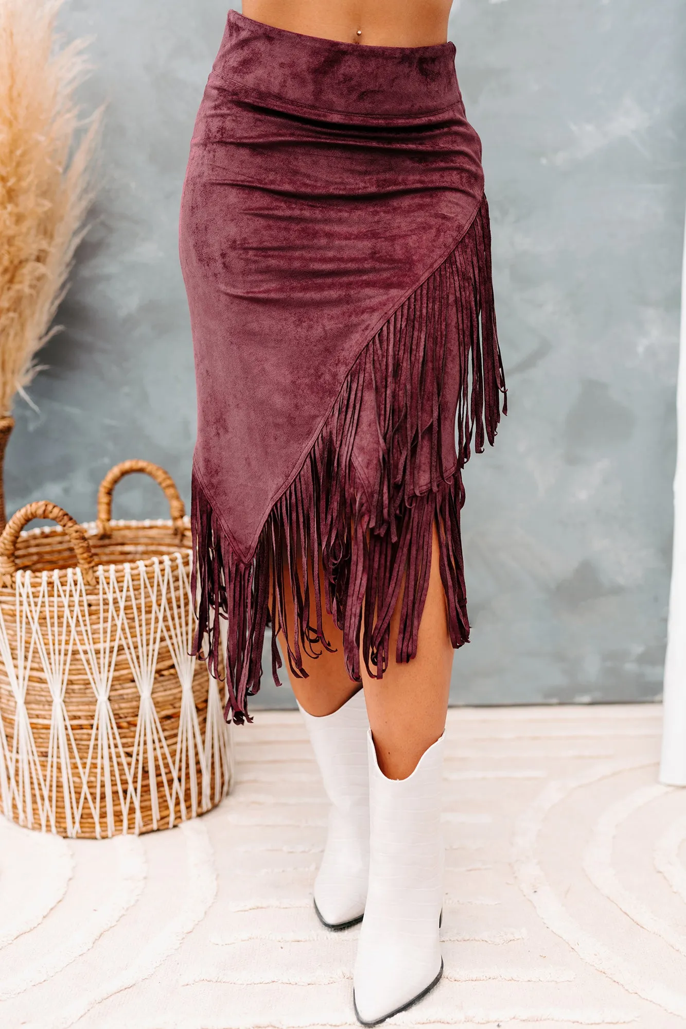 Freedom & Fringe Faux Suede Fringe Midi Skirt (Wine)