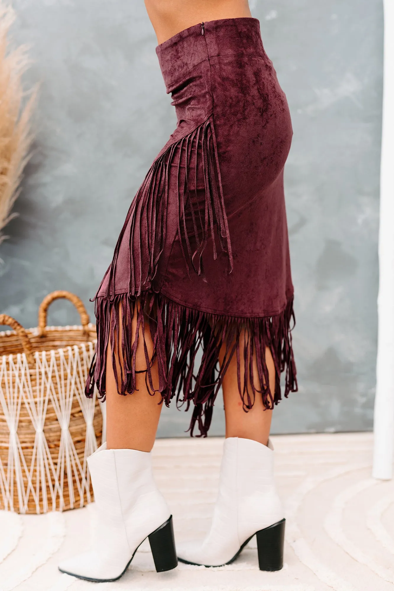 Freedom & Fringe Faux Suede Fringe Midi Skirt (Wine)