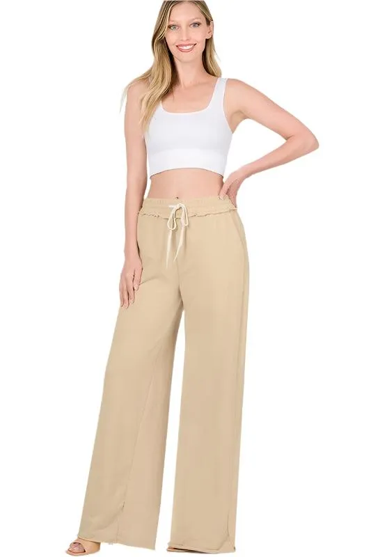 French Terry Drawstring Waist Raw Edge Hem Pants