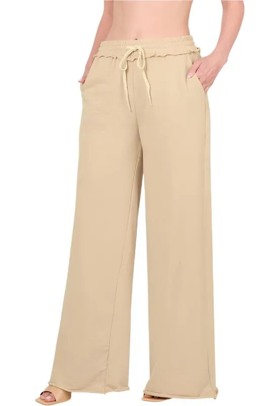 French Terry Drawstring Waist Raw Edge Hem Pants