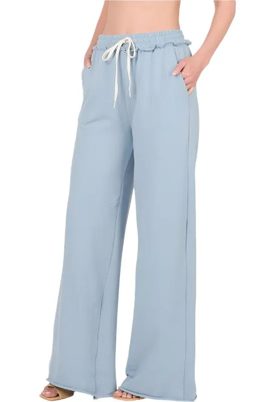 French Terry Drawstring Waist Raw Edge Hem Pants