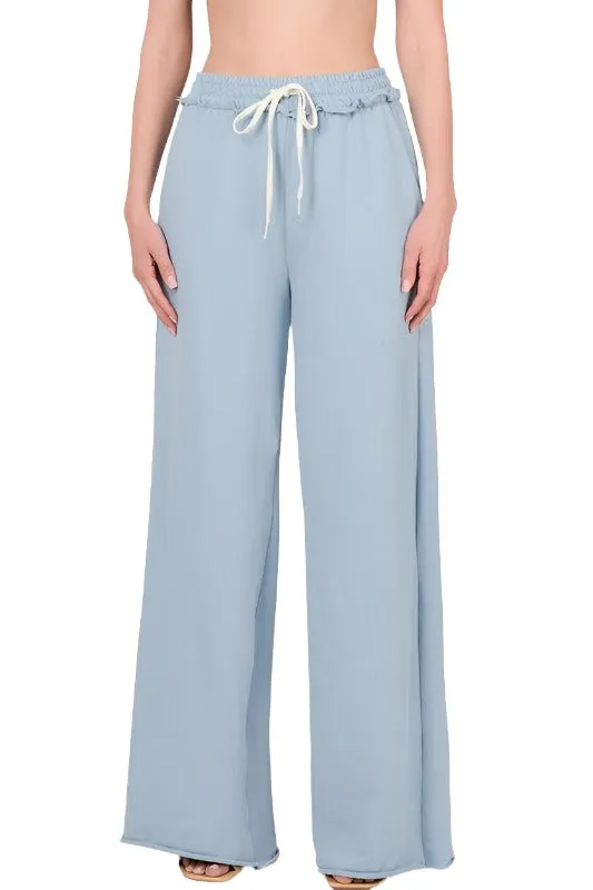 French Terry Drawstring Waist Raw Edge Hem Pants