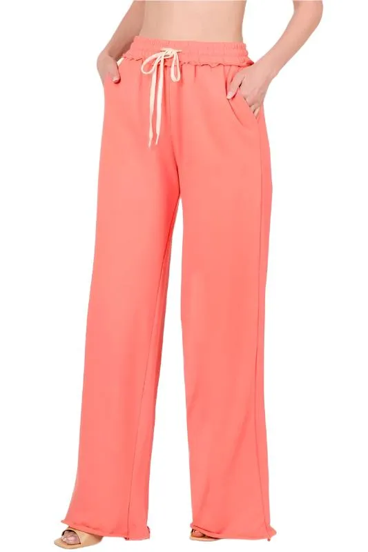 French Terry Drawstring Waist Raw Edge Hem Pants