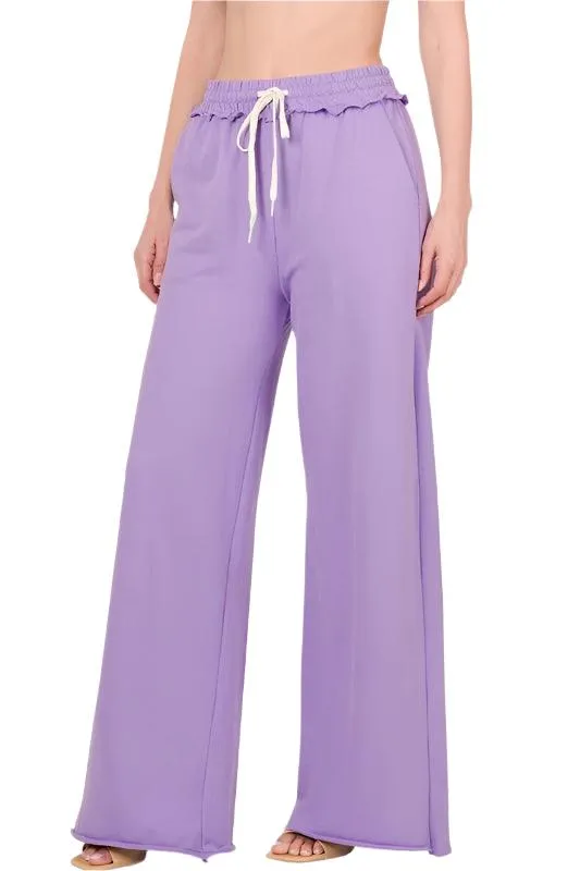 French Terry Drawstring Waist Raw Edge Hem Pants