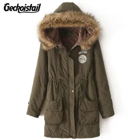 Geckoistail Parkas Women Coats Fashion Autumn Warm Winter Jackets Women Fur Collar Long Plus Size Hoodies Casual Cotton Outwear