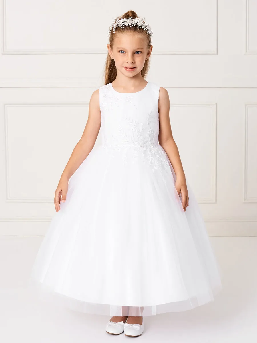 Girls White or Ivory Delicate Floral Applique Dress