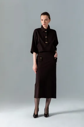 Gold Button Detail Midi Skirt Brown